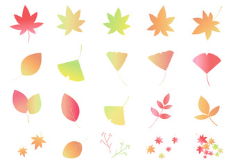 秋をイメージしたイラストセット　アイコン　紅葉　青もみじ　イチョウ　葉っぱ