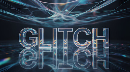A glitch text effect with reflection on a dark abstract background