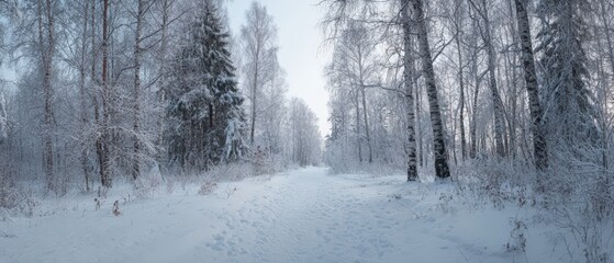 Fototapeta premium Snowy winter forest landscape with tall trees and snow covered ground in a calm serene outdoor scene du daytime