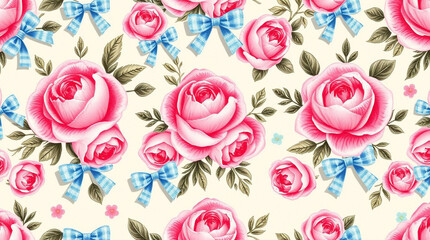 Seamless floral pattern with pink roses and blue bows vintage style romantic background wallpaper textile design