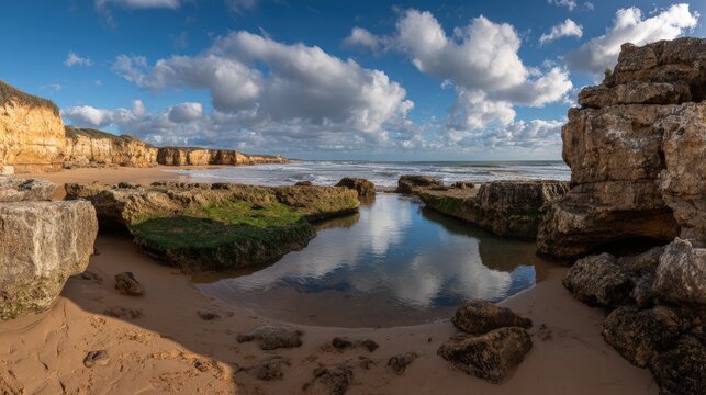 Scenic coastal landscape with rocky formations and tide pools under a partly cloudy sky du daytime