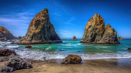 Scenic coastal landscape with towe sea stacks rugged shoreline clear turquoise water sandy beach bright blue sky sunny day