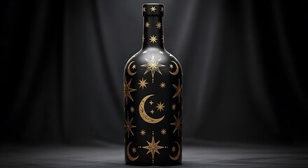 Elegant Black Wine Bottle with Gold Celestial Design