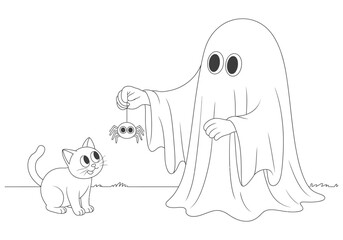 Cute cartoon ghost offering candy to a small cat isolated on white background