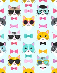 Cute cat faces with bows and sunglasses