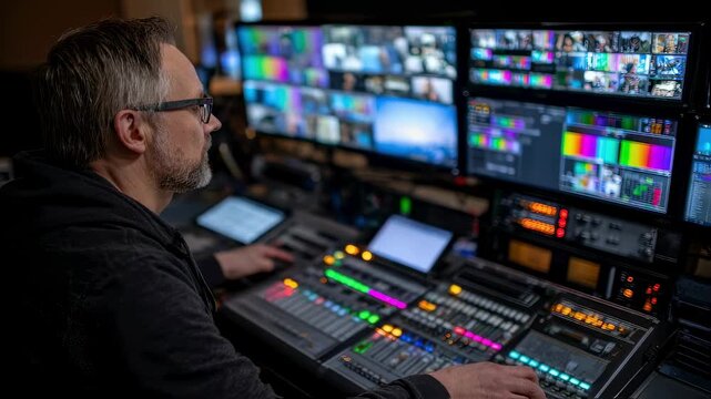 Medium shot of a broadcast engineer monitoring multiple video feeds on a multiscreen vision mixer the screen details in focus and surroundings blurred.