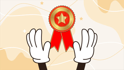 congratulation greeting card design, employee of the month template design, job promotion, work achievement awards, hand drawn retro cartoon illustration holding an award trophy