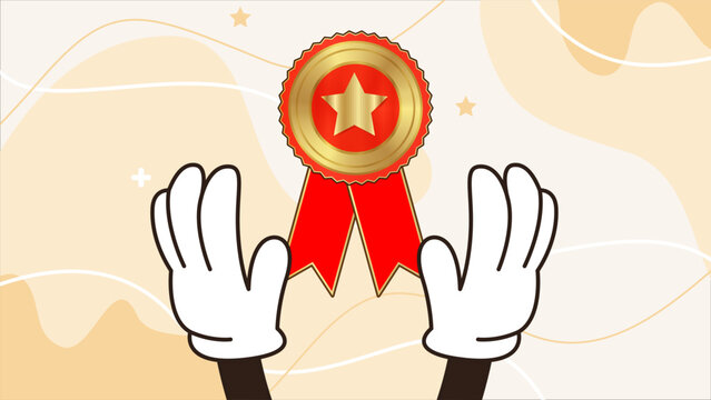 congratulation greeting card design, employee of the month template design, job promotion, work achievement awards, hand drawn retro cartoon illustration holding an award trophy