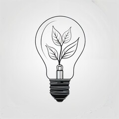 A lightbulb containing a plant with leaves inside on a white background in a simple line drawing