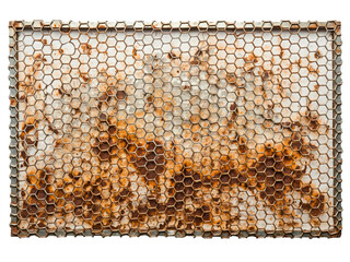 Rectangular sheet of rusty hexagonal metal wire mesh texture on a transparent background