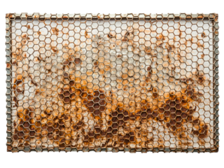Rectangular sheet of rusty hexagonal metal wire mesh texture on a transparent background