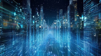 Futuristic cityscape at night with digital data streams