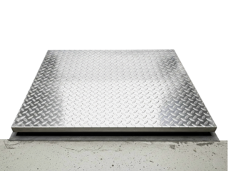 Industrial metal diamond plate hatch on a concrete floor on a transparent background