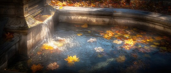 Obraz premium Wide-angle view of a circular outdoor fountain filled with floating colorful autumn leaves and clear water du daytime