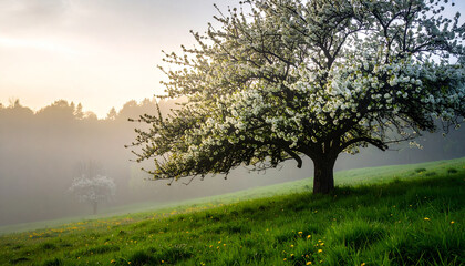 Fototapeta premium Misty forest morning with a lone tree and green grass