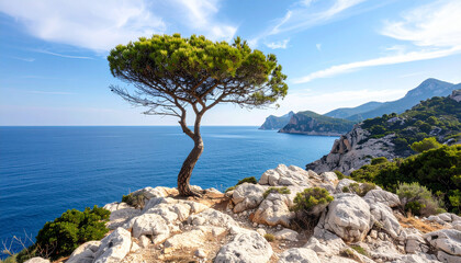 Pine tree on a coastal beach by the sea with blue skyPine tree on a coastal beach by the sea with blue sky