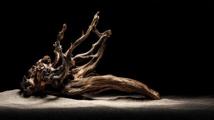 Detailed close-up of a twisted gnarled dried tree root or driftwood against black background with shadows and texture