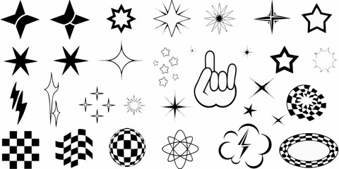 Collection of diverse black and white graphic design elements and icons