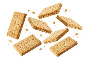 Crispy wheat crackers with oats levitating on transparent background