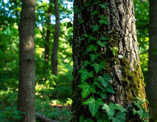 Sunlight filtering through forest trees, ivy climbing a tree trunk
