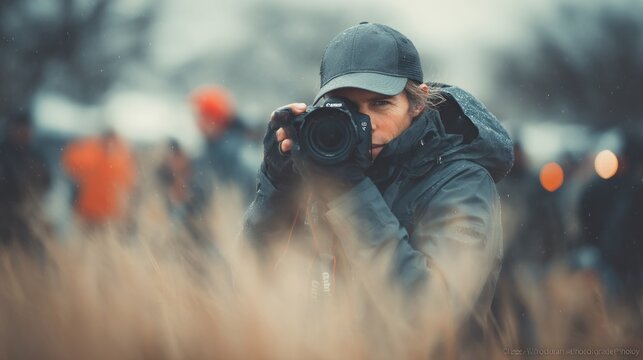Focused photographer in nature capturing moments with a professional camera - Powered by Adobe