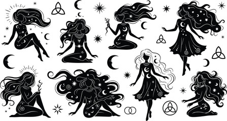 Mystical celestial women with flowing hair, stars, moons, and spiritual symbols in black and white vector illustration for astrology themes