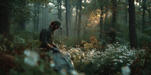 Volunteers clean up nature in a forest during a morning cleanup event