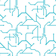 Seamless pattern of blue circuit board lines and dots on a white background in a technology style