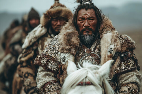 Genghis khan and mongol warriors in traditional attire riding through the steppe