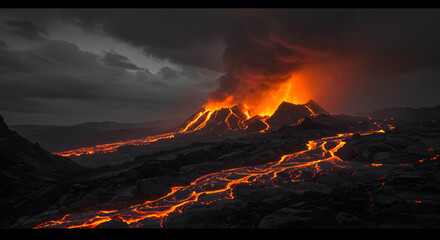 Volcano Eruption with Flowing Orange Lava Under Dark Gray Skies