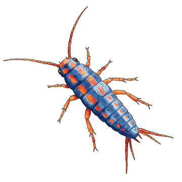 Detailed watercolor vector illustration of a vibrant blue and orange springtail hexapod insect, isolated on a clean white background