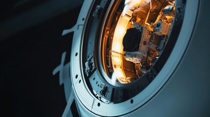 Futuristic spacecraft module interior at night