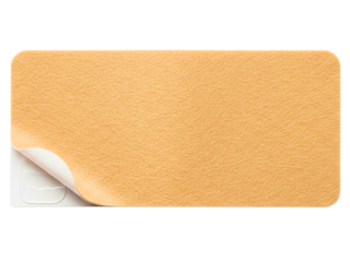 Rectangular adhesive fabric patch with a peeled-back corner on a transparent background