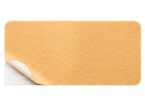 Rectangular adhesive fabric patch with a peeled-back corner on a transparent background