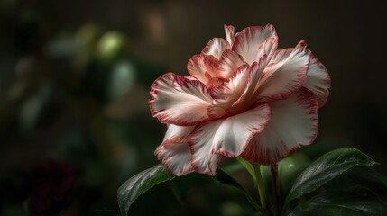 Close-up of a delicate pink and white striped blooming flower with lush green leaves in soft natural light