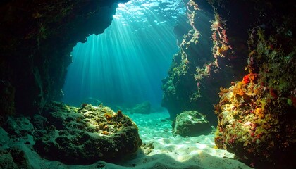 Fototapeta premium Underwater cave illuminated by sunlight