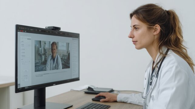 Dedicated doctor provides teleconsultation via video conference from her office