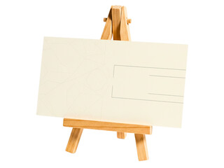 Miniature wooden display easel holding a blank placeholder card on a transparent background