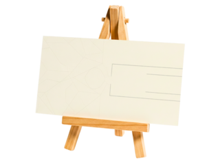 Miniature wooden display easel holding a blank placeholder card on a transparent background