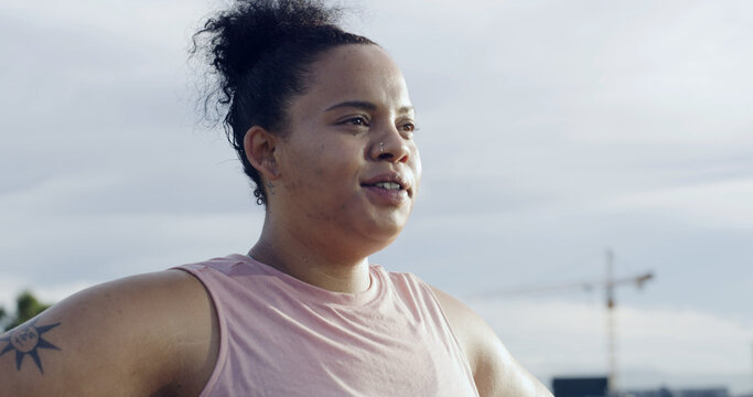 Running, fitness and thinking with plus size woman in city for workout, cardio reflection and health. Weight loss, exercise and vision with female runner or person for training, sports and space - Powered by Adobe