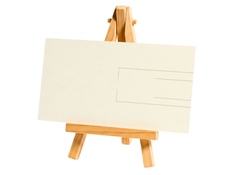Miniature wooden display easel holding a blank placeholder card on a transparent background