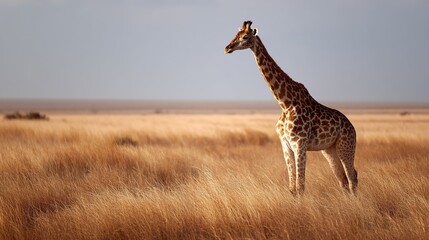 lone giraffe stands in  vast field of dry grass under  hazy sky its patterned coat distinct against  muted landscape