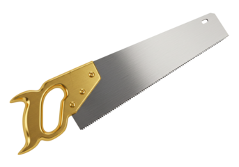 Hand saw with gold handle on transparent background
