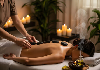 Young woman receiving a relaxing back massage with hot stones at a spa
