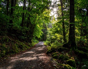 Fototapeta premium Sunlight filters through a dense forest path