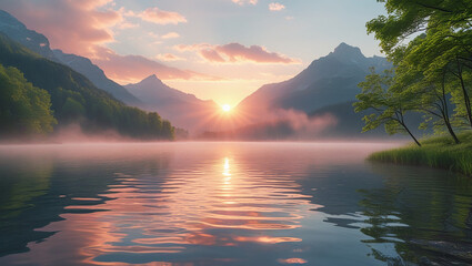 Serene sunset reflection over a mount
