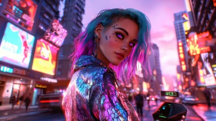 Obraz premium Young woman in iridescent clothing using device on city street at night