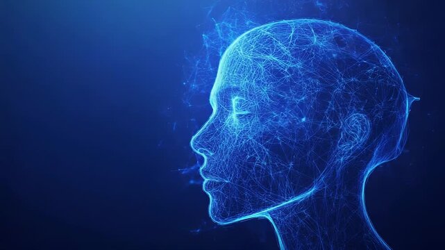 Artificial intelligence, human head emerging from futuristic network mesh
