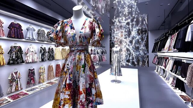 Floral Dress Displayed On Mannequin In Fashion Boutique With Reflective Surface Displaying Various Garments