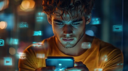Young serious Caucasian man using smartphone at night indoors